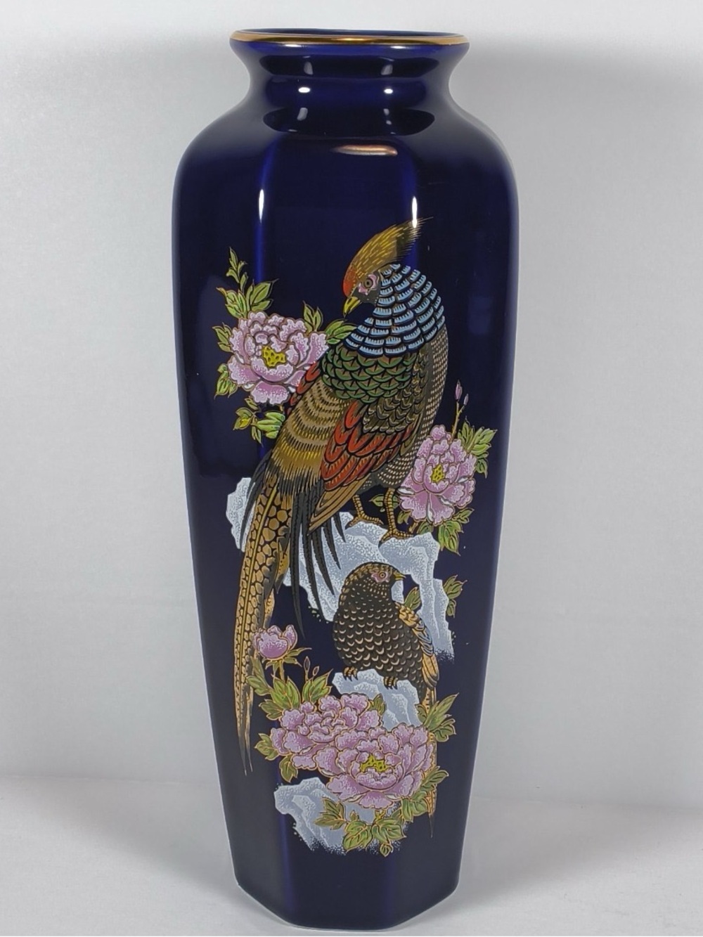 Vintage Japanese Cobalt Blue Pheasant & Peony Porcelain Vase